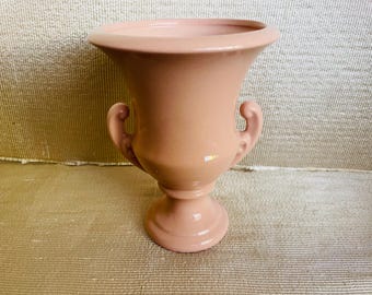 Vintage Pink Ceramic Trophy Vase, Footed Urn Planter