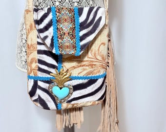 Sacred Heart Milagros Crossbody Purse: Upcycled Mexican Folk Art Bohemian Bag
