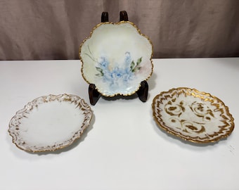 Set of 3 Limoges Handpainted Floral Plates, Gold Edged Scalloped Porcelain Antiques