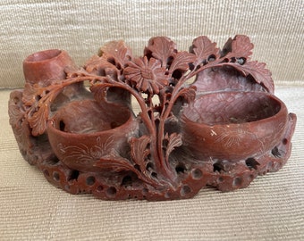 Antique Chinese Carved Soapstone Inkwell Sculpture Flowers/Leaves & Pen Holders