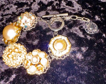 Vtg Clip Earring Upcycled 50’’s 60’s Bracelet June Bday Pearl Birthstone Theme Handmade Giftable Chunky Retro Charm Style Bracelet