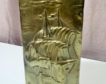 Vintage Brass Fireplace Buddy Umbrella Stand Cane Stand 9.5” Embossed Sailing Ship Design 1930’s?