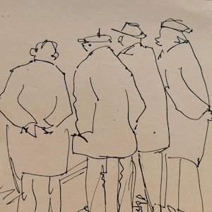 Line Drawing of Old Men Gathering. Minimal Ink Sketch of Elderly Gentlemen Group.