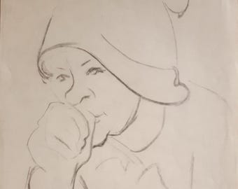 Original Woman Portrait Sketch. Vintage Pencil Line Drawing Face