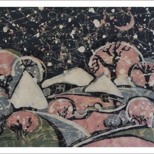 Pintura noturna de inverno. Impressão de noite estrelada de inverno. Pintura Mágica Nevada. Aldeia Nevada. Noite de Inverno Batik. Impressão de paisagem.Inverno na pintura