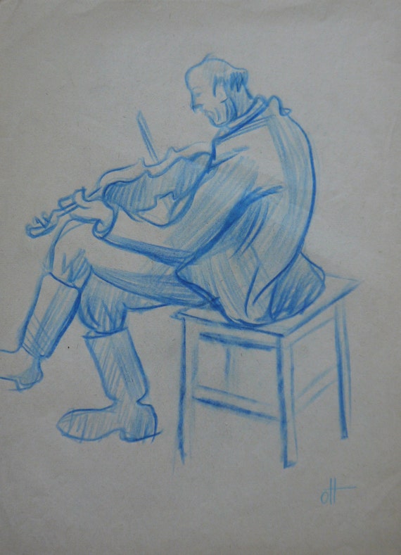 Violon Dessin Pastel Musicien Dessin Au Trait Original Vieux Dessin Croquis Sur Papier Dessin Original De La Vie Wall Art Remise
