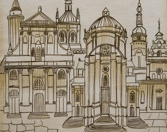 Euporean Drawing.Original European Drawing, City Line Drawing. European Sketch. Cathedral Drawing. Ink Drawing.Europe in Art.European Prints