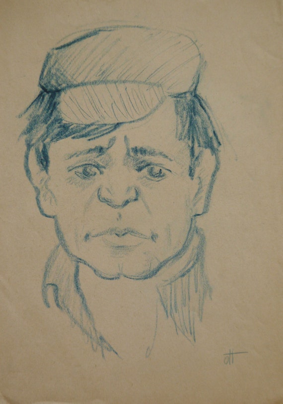 Portrait Pastel Drawing Original Line Drawing Men In Hat Etsy