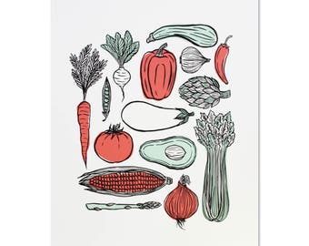 May include: A hand-drawn illustration of various vegetables and fruits, including a red bell pepper, a green avocado, a red tomato, a green zucchini, a red carrot, a green eggplant, a green stalk of celery, a red onion, a green asparagus stalk, and a corn cob.