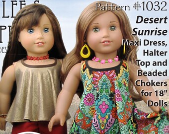 L&P 1032: Desert Sunrise Maxi Dress, Halter Top and Beaded Choker Pattern for 18 inch dolls such as American Girl — summer boho doll fashion