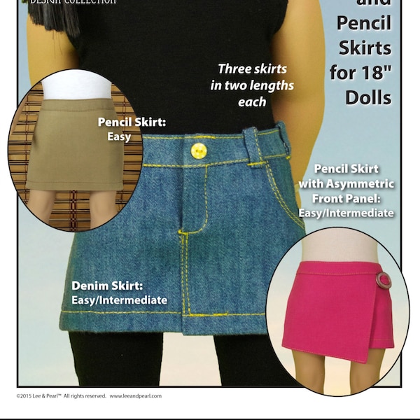 L&P 1041: Slim Skirts / Denim and Pencil Skirt Pattern for 18 inch dolls such as American Girl — mix-and-match doll wardrobe basics