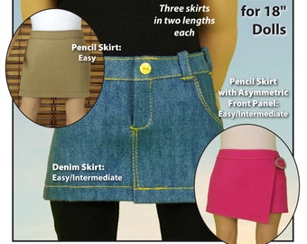 L&P 1041: Slim Skirts / Denim and Pencil Skirt Pattern for 18 inch dolls such as American Girl — mix-and-match doll wardrobe basics