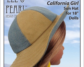 L&P 1017: California Girl Sun Hat Pattern for 18 inch dolls such as American Girl — the perfect wide-brim summer doll hat / vacation hat