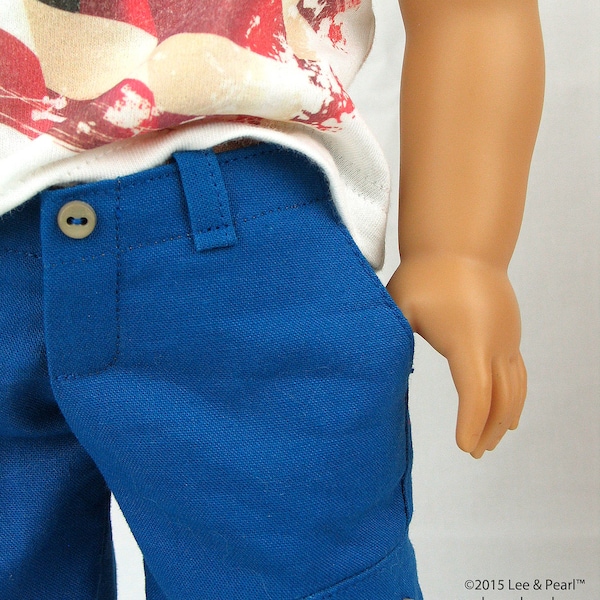 L&P 1004: "Boy Style" Pants and Cargo Shorts Pattern for 18 inch dolls such as American Girl — unisex doll pattern + perfect fit waistband