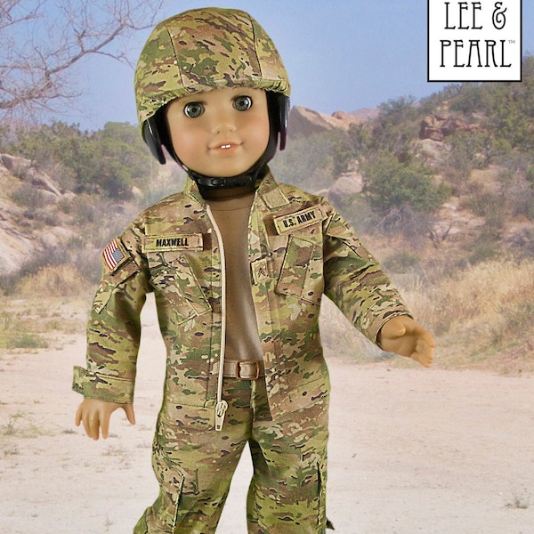 L&P 1010: Army Combat Uniform Sewing Pattern for 18 inch dolls such as American Girl — uniform jacket, cargo pants, t-shirt and helmet cover