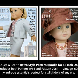 Puede incluir: Dos patrones de costura para muñecas de 46 cm. El patrón de la izquierda es para un traje de mujer de los años 1960 llamado "Darling Doris". El patrón de la derecha es para accesorios llamados "Posh Accessories".