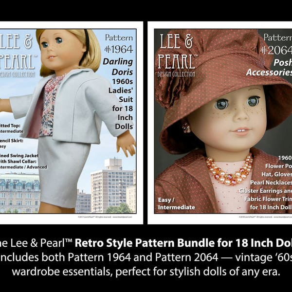 L&P Retro Style Pattern Bundle for 18 Inch Dolls such as American Girl — includes 1960s Darling Doris Ladies' Suit, Hat, Gloves and Jewelry