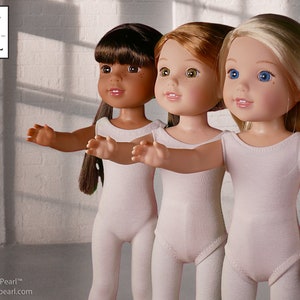 May include: Three dolls wearing white leotards and tights. The dolls have different skin tones and hair colors. The dolls are standing in a row with their arms outstretched.