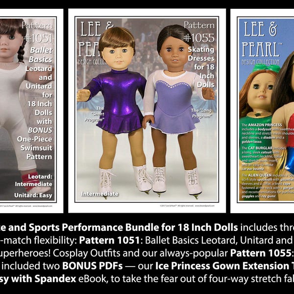 L&P Dance and Sports Pattern Bundle for 18 Inch Dolls such as American Girl — skating dresses, leotard, unitard, swimsuit, cosplay bodysuits
