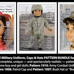 Könnte beinhalten: Drei Nähmuster für 46 cm Puppen, bestehend aus einer Militäruniform, einer Patrouillenmütze und einem Buschhut. Die Muster stammen aus der Lee & Pearl Design Collection.