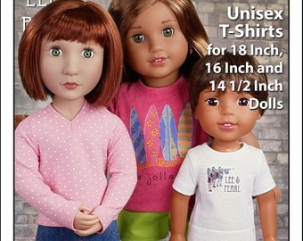 Könnte beinhalten: Ein Schnittmuster für Unisex-T-Shirts für 45,7 cm, 40,6 cm und 36,8 cm große Puppen. Das Schnittmuster beinhaltet Variationen für Kragen und Ärmel. Das Schnittmuster ist mit drei Puppen illustriert, die die T-Shirts tragen.