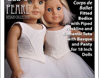 May include: Two dolls wearing white ballet outfits. The outfits include a fitted bodice with a piped neckline and a romantic tutu with a basque and panty. The image includes the text "Lee & Pearl Design Collection" and "Corps de Ballet".