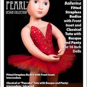 Könnte beinhalten: Ein rotes und weißes Ballerina-Kostüm-Muster für 40,6 cm Puppen. Das Muster beinhaltet ein tailliertes, trägerloses Oberteil mit einem vorderen Einsatz, einen klassischen Tutu mit einem Baskenrock und einer Hose. Das Muster heißt "Prima Ballerina" und ist Muster Nummer 1073.