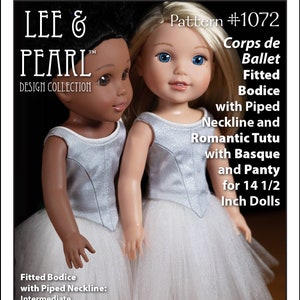 Könnte beinhalten: Ein Nähmuster für ein ballettinspiriertes Outfit für 36,8 cm Puppen. Das Muster enthält Anleitungen für ein tailliertes Oberteil mit einem paspelierten Ausschnitt und einen romantischen Tutu mit einem Baskenrock und einer Panty. Das Muster stammt aus der Lee & Pearl Design Collection.