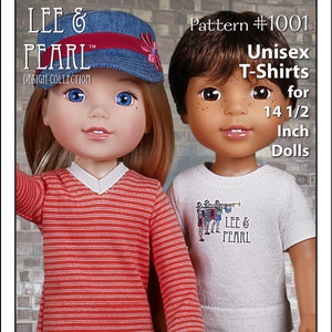 May include: Two dolls wearing t-shirts. One doll is wearing a red and white striped long-sleeve shirt and a denim hat. The other doll is wearing a white t-shirt with a graphic and the text "LEE & PEARL". The image text says "Unisex T-Shirts for 14 1/2 Inch Dolls".
