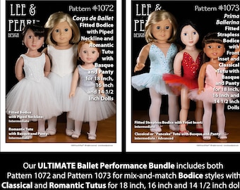 L&P Ballet Performance Pattern Bundle for 18 Inch American Girl, 16 Inch AGFAT and 14 1/2 Inch WW Dolls — includes TWO Tutu / Bodice Combos