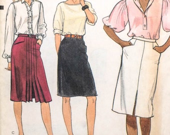V8613 | szs 12-16 | Vogue 8613 Retro 1980s 80s Straight Pencil Skirt Sewing Pattern: Knee Length Shaped Pockets Pleats Waistband Back Zipper