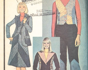 M4931 | size 5 | McCall's 6055 Vintage 70s 1970s Denim Patchwork Blazer Jacket, Vest, A Line Skirt, Bell Bottom Pants Junior Sewing Pattern