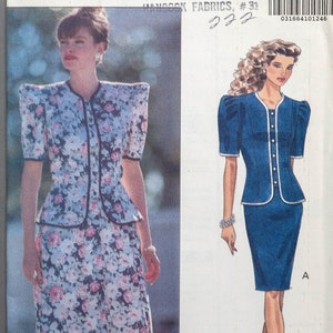 May include: A vintage sewing pattern for a two-piece outfit. The pattern is for sizes 12-14-16 and is by Butterick. The pattern features a floral print skirt and a blue jacket with puffed sleeves. The pattern is called "Jessica Howard" and the pattern number is 5358.