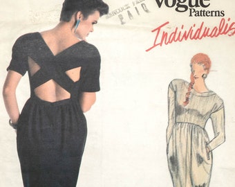 V1894 | size 8 | Claude Montana Vogue Individualist 1894 1987 80s Dress: Raised Waist, Contrast Front, Tapered Skirt, Crossed Back Bands