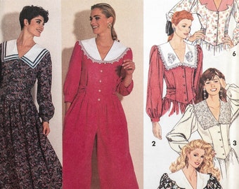 S7374 | sz 10-18 | Simplicity 7374 Design Your Own Dress or Culotte Dress Sewing Pattern 1991 90s: Puff Sleeve, Collars, Romper, Split Skirt