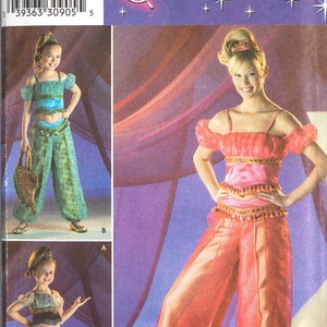 May include: Simplicity sewing pattern 3626 for costumes in size A. The package features illustrations of three variations of a two-piece outfit consisting of an off-the-shoulder cropped top and loose-fitting harem trousers with decorative trim details.