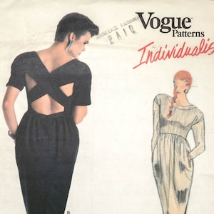 V1894 | size 8 | Claude Montana Vogue Individualist 1894 1987 80s Dress: Raised Waist, Contrast Front, Tapered Skirt, Crossed Back Bands