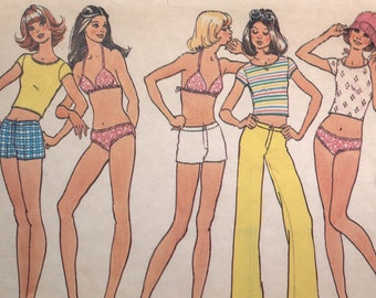 S6983 | szs 5/6-7/8* | Simplicity 6983 Retro 70s 1970s Juniors Swimsuit Bikini, T-Shirt, Hip Hugger Shorts Bell Bottom Pants Sewing Pattern