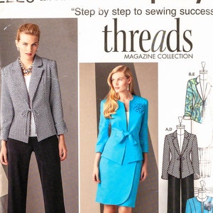 May include: A sewing pattern for a blazer and skirt. The pattern is for sizes US 16, 18, 20, 22, and 24. The pattern is from Simplicity Threads Magazine Collection. The pattern includes instructions for sewing a blue blazer and skirt, a black and white blazer and pants, and a green and white blazer and skirt.