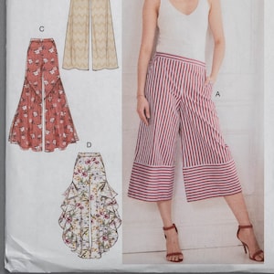 May include: McCall's sewing pattern M7786. The pattern features illustrations of various pants styles, including wide-leg and culotte designs. The cover showcases a woman wearing striped culottes. Size A5 (6-8-10-12-14).