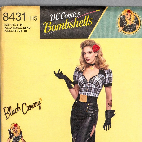 S8431 | sz 6-14 | Simplicity 8431 DC Comics Bombshells Black Canary Retro Pinup Costume Cosplay Sewing Pattern: Top, Skirt, Accessories