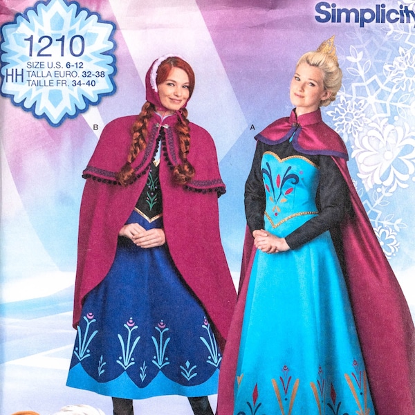 S1210 | sz 6-12 | Simplicity 1210 Misses Disney Frozen Princess Anna Embroidered Adventure & Elsa Coronation Dress, Capes Costume Pattern