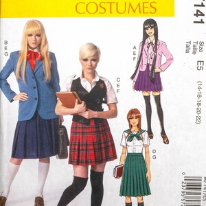 May include: McCall's Costumes pattern M7141 featuring illustrations of school uniform designs. The cover shows various outfits, including blazers, pleated skirts, and knee-high socks. The size is E5, fitting sizes 14-22.