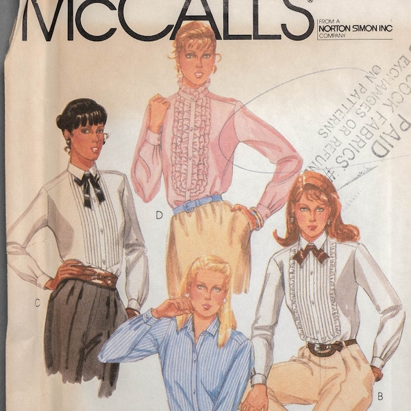 M7653 | sz 12 | McCall's 7653 Sewing Pattern 1981 80s Misses Button Front Shirt Blouse Top: Tuxedo Tucked Bib Ruffles Collars Menswear Style