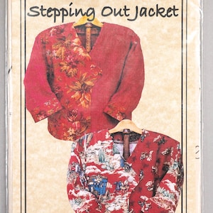 May include: A sewing pattern titled "Stepping Out Jacket" featuring two jacket designs. One jacket has a red floral pattern, and the other has a red and white landscape design. The pattern is from Black Cat Creations.