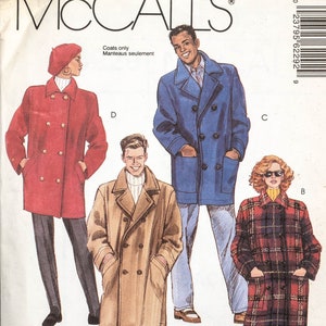 May include: A sewing pattern for coats, McCall's pattern number 6229, size small (32 1/2, 34), petite. The pattern includes three different coat styles: a red double-breasted coat, a blue double-breasted coat, and a plaid double-breasted coat.