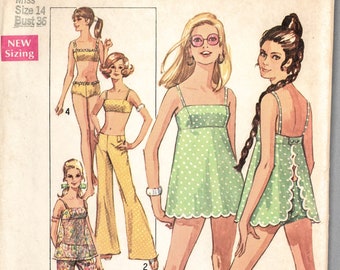 S8199 | sz 14 | Simplicity 8199 60s Sewing Pattern 1969 Misses Bathing Suit, Swim Dress, Bikini, Beach Coverup, Hip Hugger Bell Bottom Pants