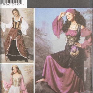 May include: A sewing pattern for three different costumes. The pattern is for sizes 6, 8, 10, and 12. The costumes are a pirate, a peasant, and a princess. The pattern is from Simplicity Costumes.