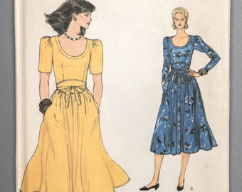 V8320 | sz 14 | Very Easy Vogue 8320 80s 1980s Misses Sewing Pattern: Fit and Flare Dress, Shaped Belt, Pockets, Fitted Bodice, Flared Skirt