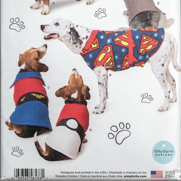 S8538 | S-M-L | Simplicity 8538 Dog Coats, Costumes Sewing Pattern: Dogs, Pets, Patty Martin Designs, Pokeball, Pokemon, Superhero, 3 Sizes